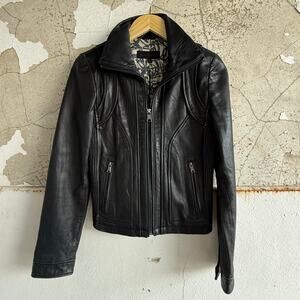 Steve Madden Leather Moto Jacket Black Genuine Leather Full Zip Cafe Racer Small